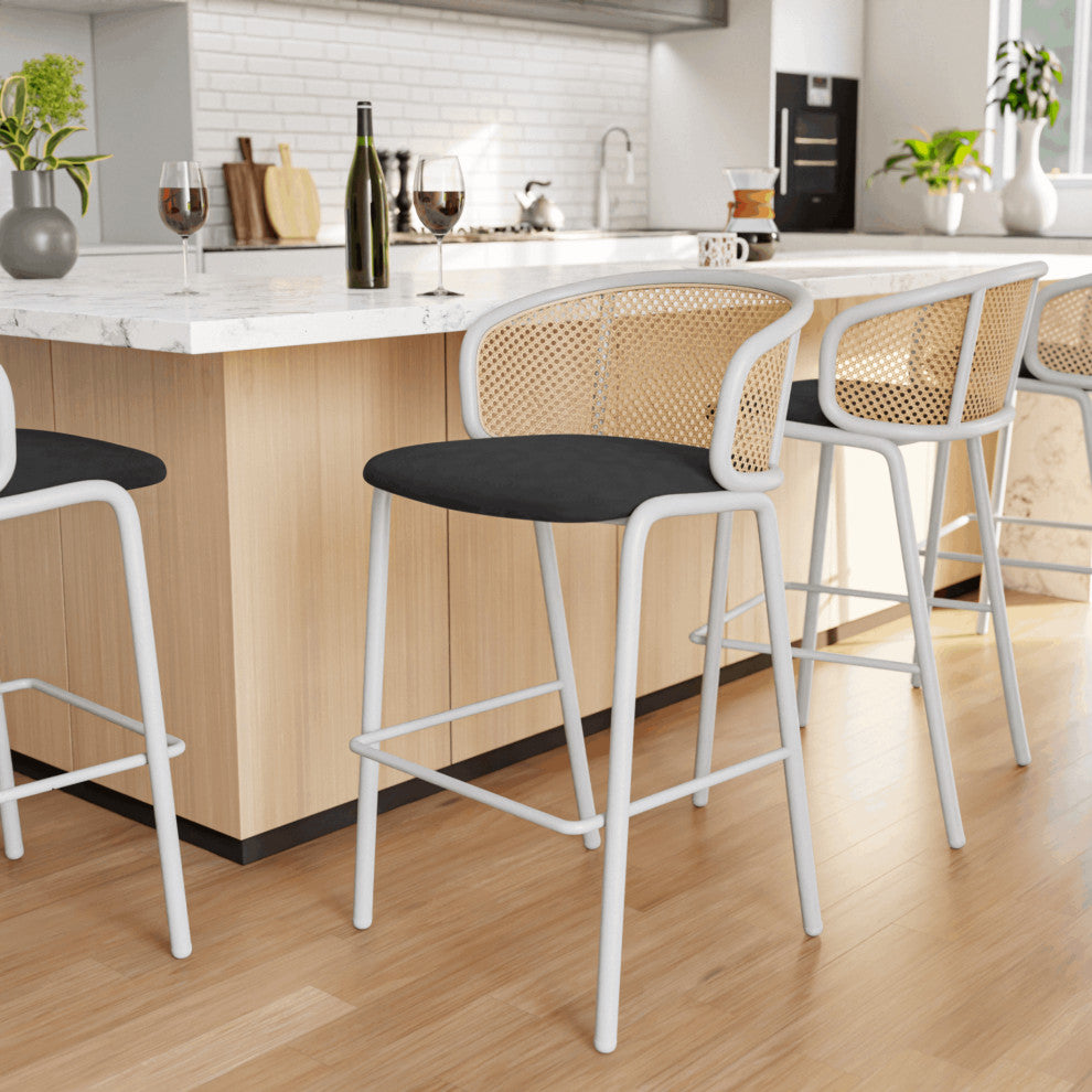 LeisureMod Ervilla Wicker Bar Stool With White Powder Coated Steel Frame, Black