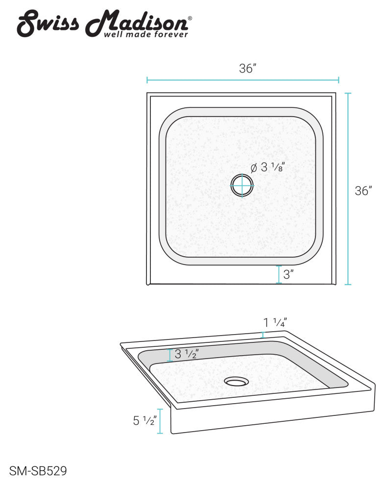 Voltaire 36"x36" Acrylic Black, Single-Threshold, Center Drain, Shower Base