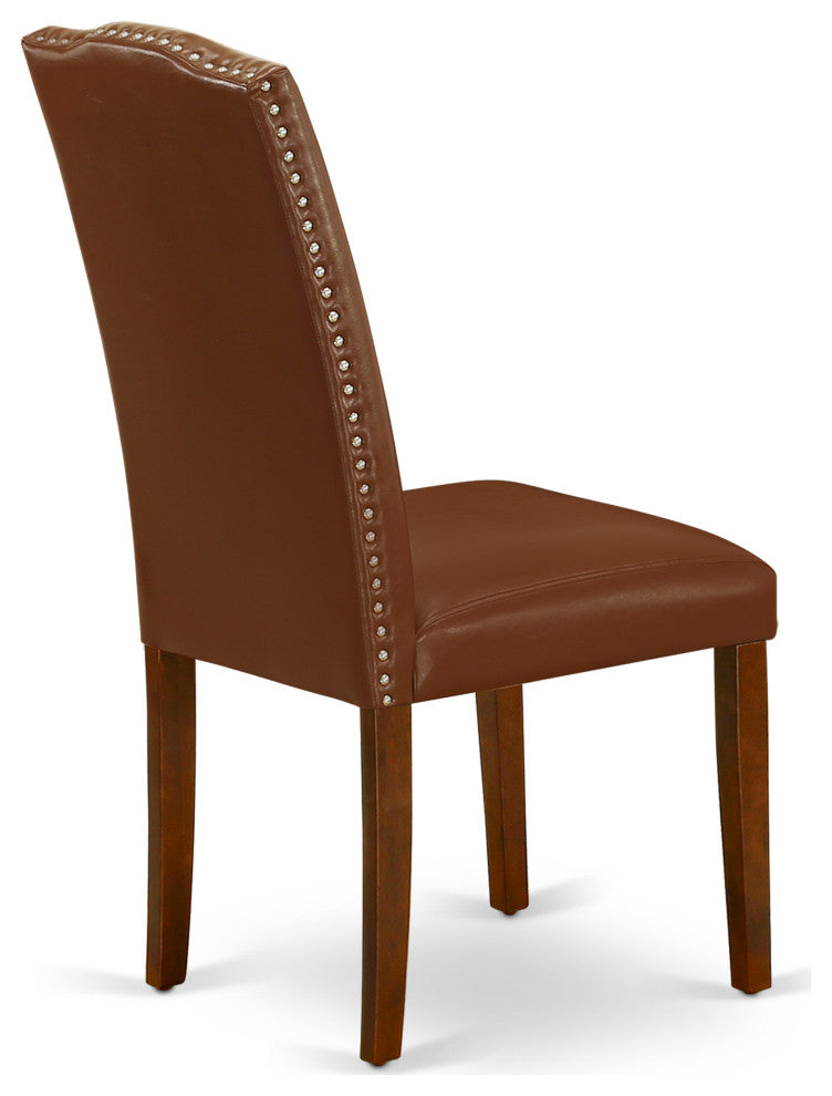 5 Pc Dining Set, Mahogany Round Table, 4 Brown Faux Leather Parson Chairs