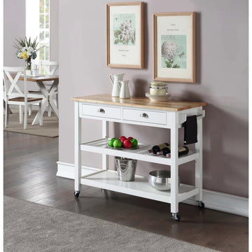 Classic Kitchen Cart, Butcher Block Top & Drawers With Curved Pulls, White