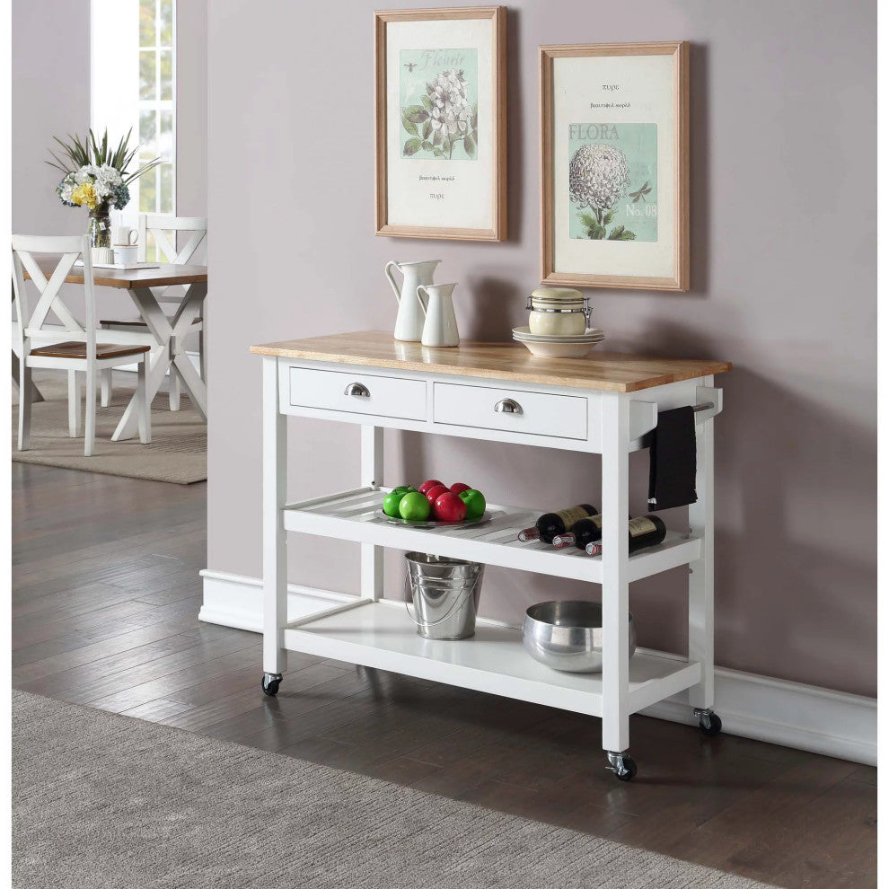 Classic Kitchen Cart, Butcher Block Top & Drawers With Curved Pulls, White