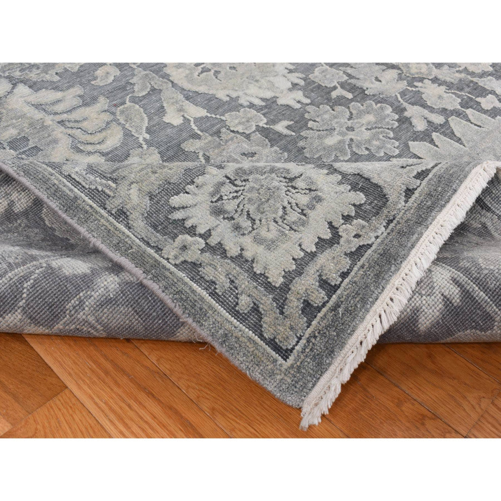 Medium Gray, Hand Knotted, Oushak Influence, Silk With Wool, Rug, 9'x11'10"