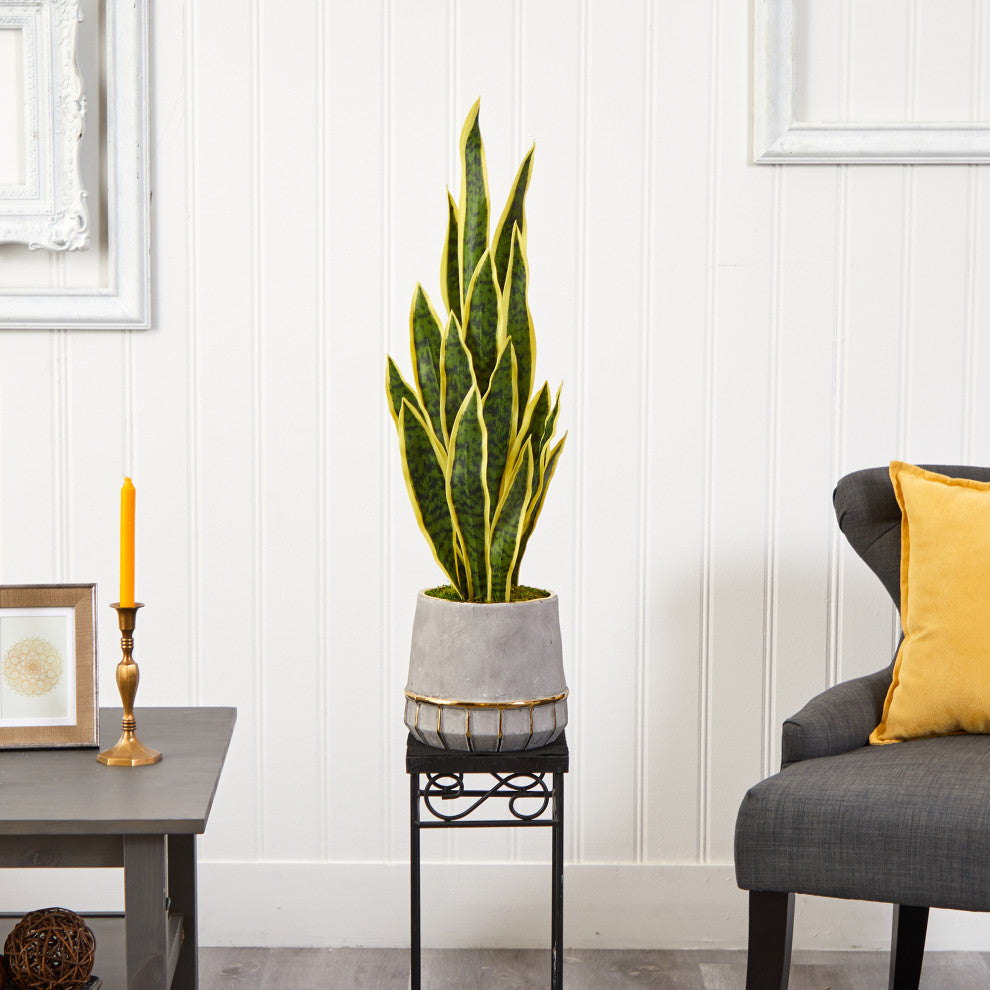 34" Sansevieria Artificial Plant, Stoneware Planter With Gold Trimming
