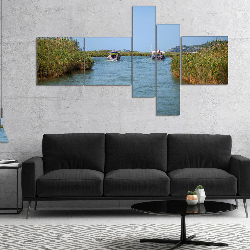 Touristic River Boats, Landscape Photography Canvas Art Print, 60"x32", 5 panels