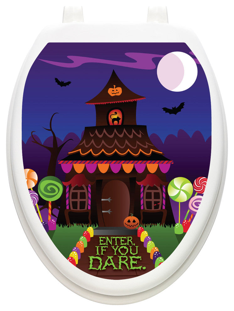 Haunted House Toilet Tattoos Seat Cover, Vinyl Lid Decal, Halloween Bathroom, Elongated