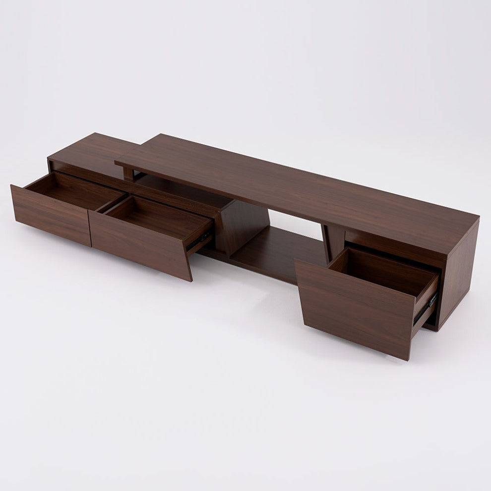 Fero Minimalist Walnut Rectangle Extendable TV Stand With 3 Drawers Up to 120", Walnut