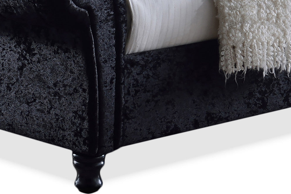 Castello Black Velvet Faux Crystal-ButToned Sleigh King Platform Bed