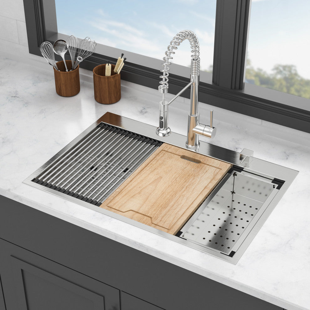 Brushed Nickel Stainless Steel 33 in. Single Bowl Drop In Kitchen Sink