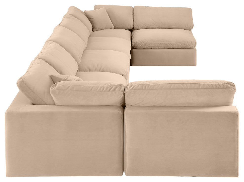 Comfy Upholstered U-Shaped Modular Sectional, Beige, 7-Piece: 5 Armless Chair, 2 Corner Chair, Velvet