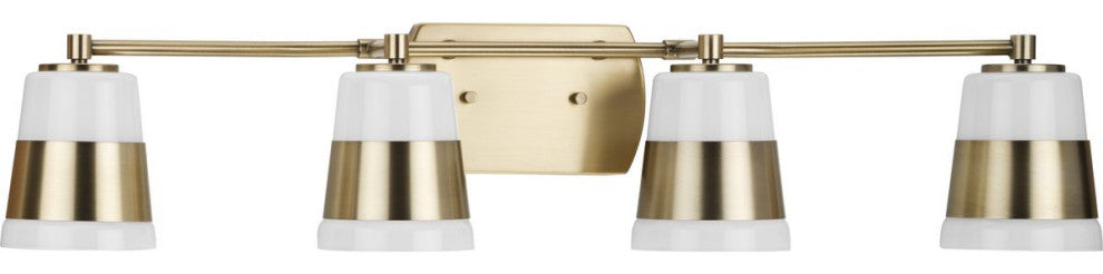 Haven Collection Four-Light Vintage Brass Opal Glass Luxe Industrial Bath Light