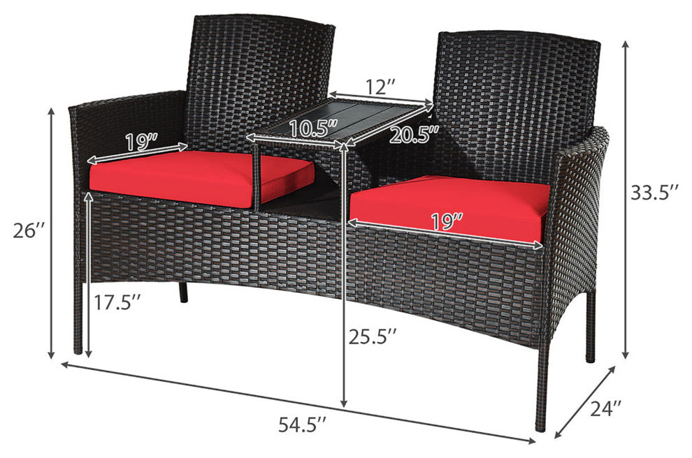 Costway Patio Rattan Loveseat Sofa Cushioned Coffee Table Red