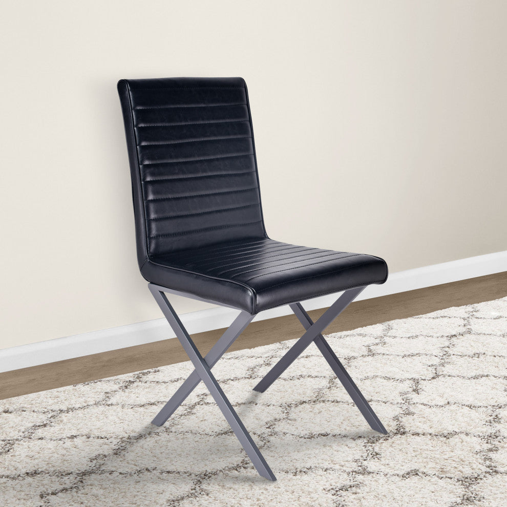 Dining Chair In Gray Powder Coated Finish And Black Faux Leather, Set of 2