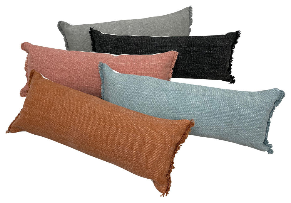 Muted Black Solid Stonewash Throw Pillow With Fringe, Black, 14"x36", Cover Only