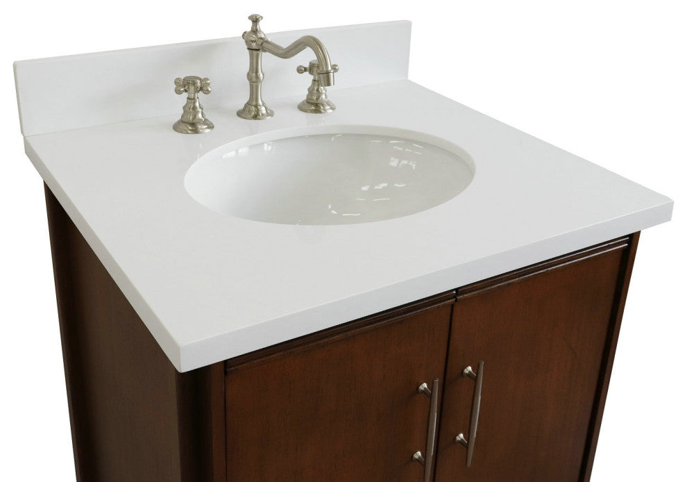 25" Single Sink Vanity, Walnut Finish, White Engineered Stone Top and Oval Sink
