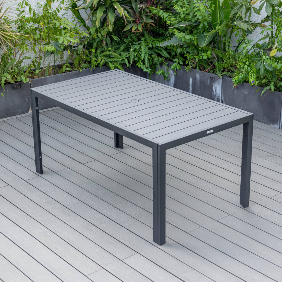 LeisureMod Chelsea Modern 7-Piece Outdoor Dining Set, Black Aluminum, Beige