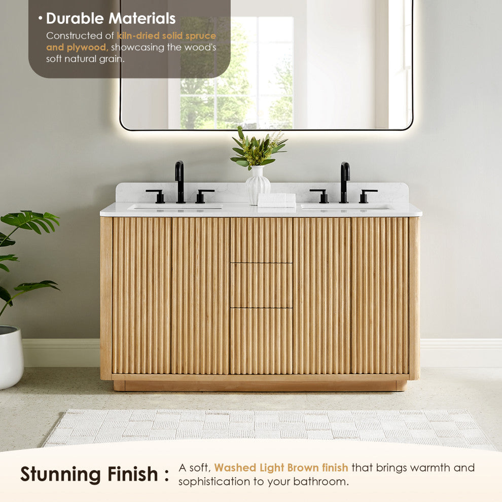 Clayton Bathroom Vanity, Washed Light Brown, 60", No Mirror