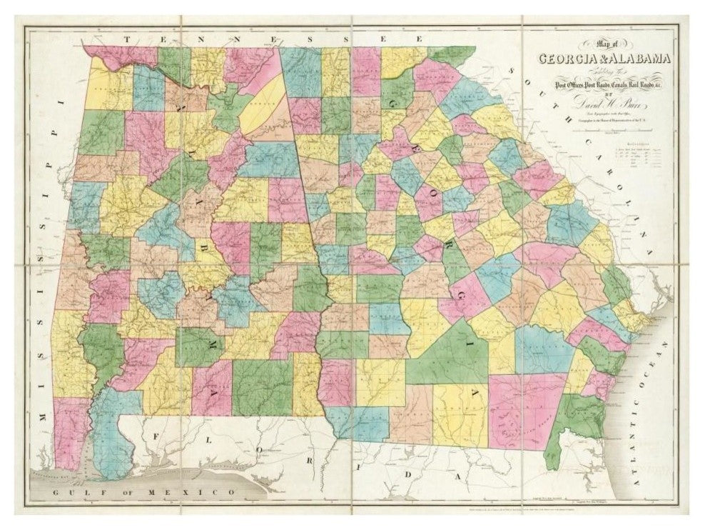 "Map of Georgia & Alabama, 1839" Digital Paper Print by David H. Burr, 38"x29"