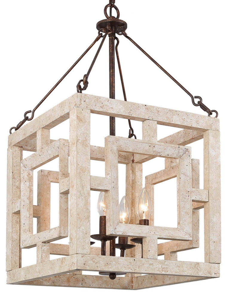LNC Farmhouse 4-Light Bronze/Off-White Sqaure Wood Chandelier