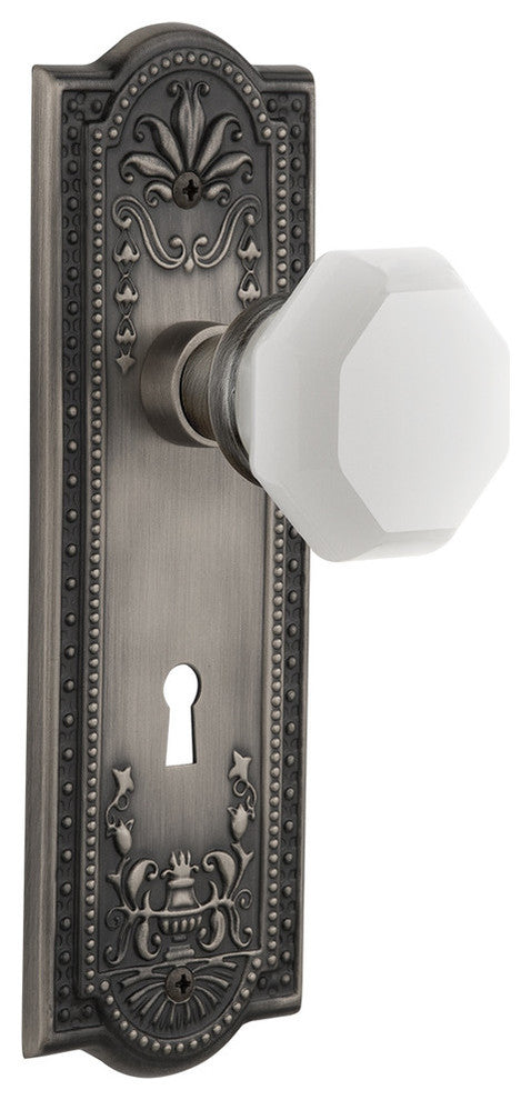 Meadows Plate Interior Mortise Waldorf White Milk Glass Knob, Antique Pewter