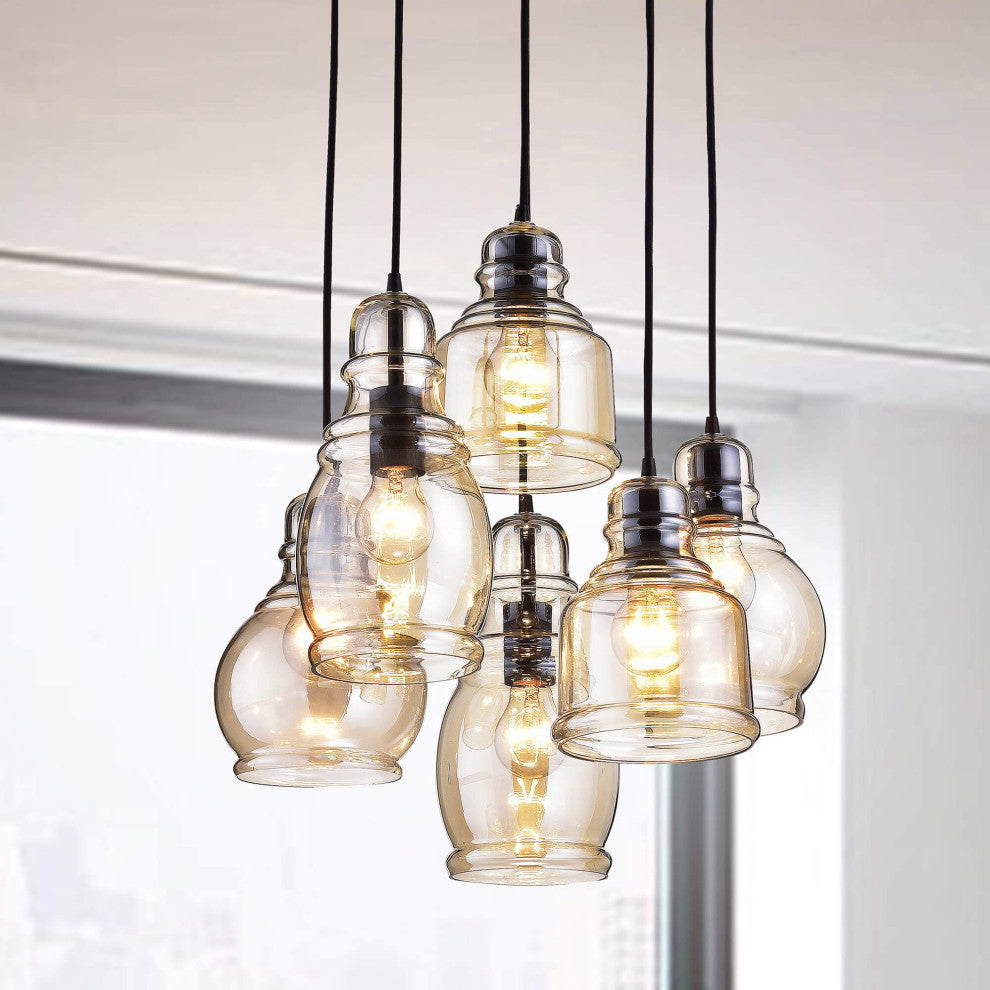 Sara 6-light Cognac Glass Pendant Round Base, Antique Black Finish