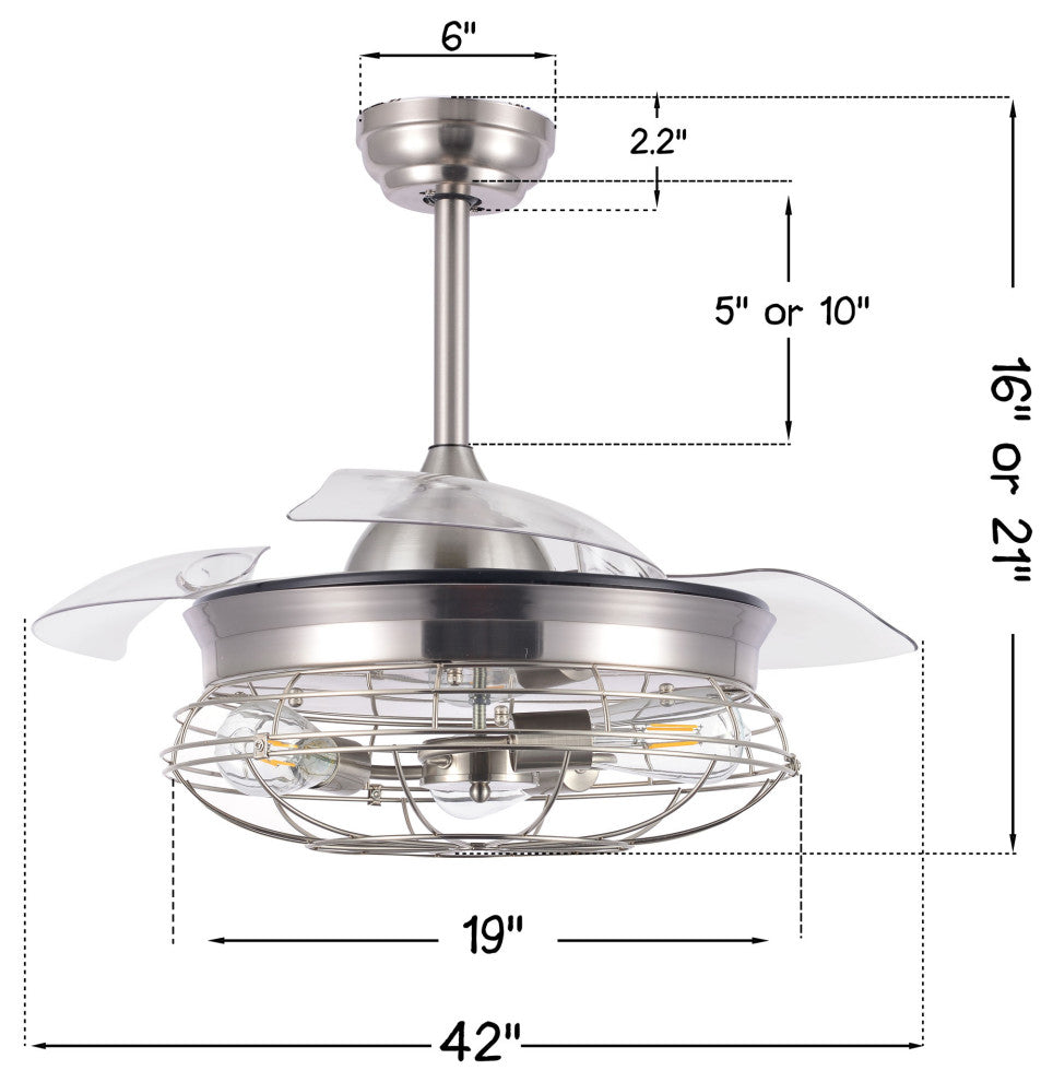 42" Vintage Industrial Ceiling Fan with Retractable Blades, Remote Control, Brushed Nickel