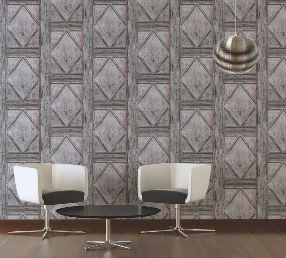 Loft Vintage Textured Wallpaper Featuring Boxes Wood, Gray Brown, One Roll