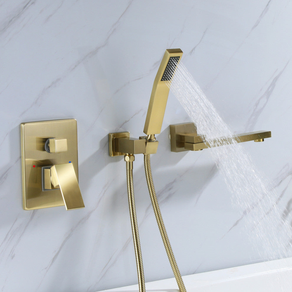 Wall Mounted Roman Bathtub Faucet With Brass Handheld Shower, Brushed Gold