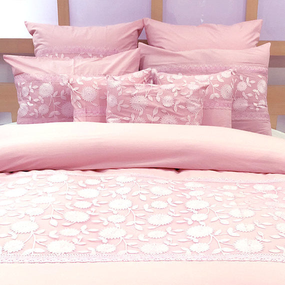 Queen Duvet Cover 3 Pc set in Soft Pink Cotton, Lace Embroidery, Pink, Lace