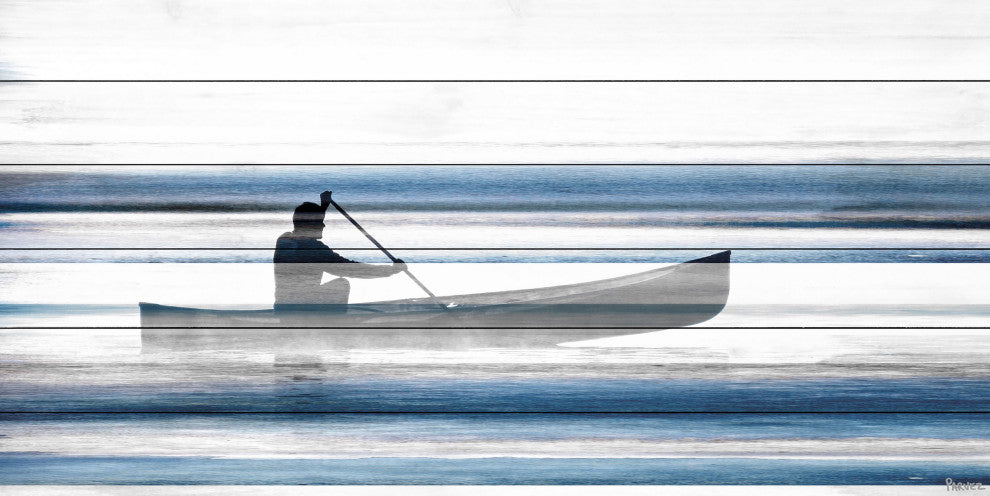 "Blue Lake Canoe II" Painting Print on White Wood, 36"x18"