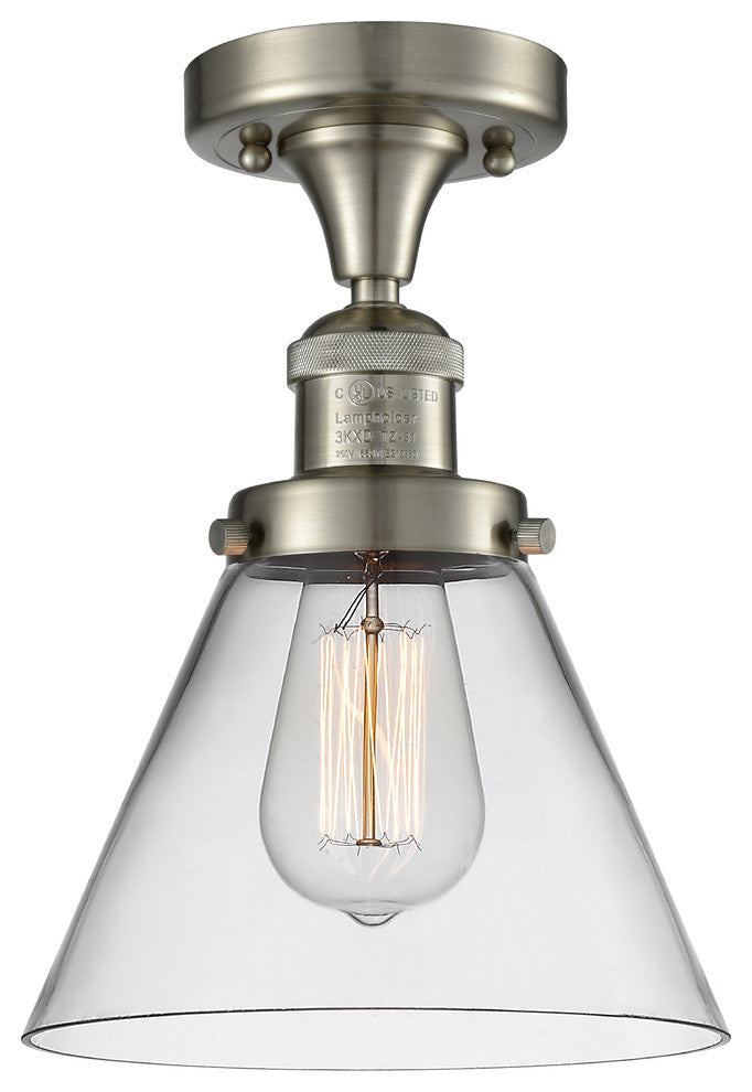 1-Light Large Cone 8" Semi-Flush Mount, Brushed Satin Nickel, Glass: Clear