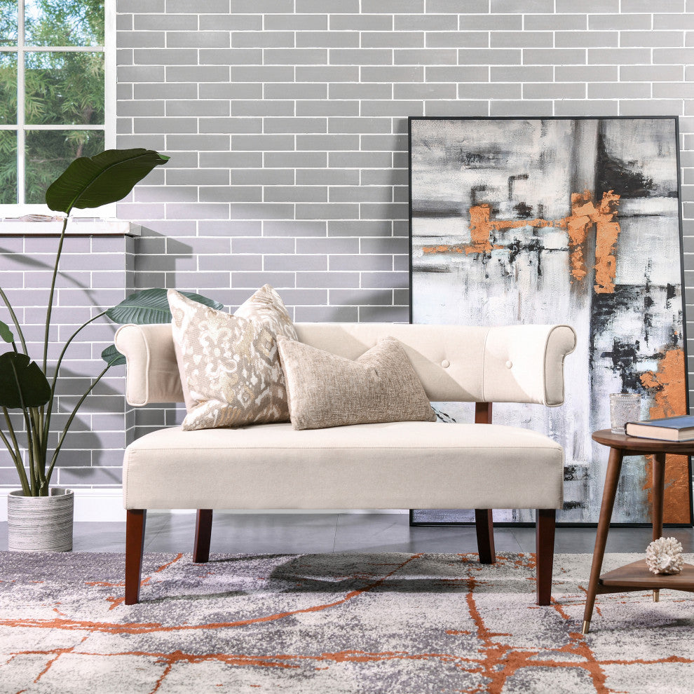 Jared Roll Arm Tufted Bench Settee, Sky Neutral Beige Polyester