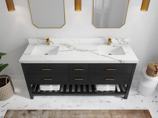Parker 72" Double Sink Bath Vanity, Black 2" Calacatta Gold