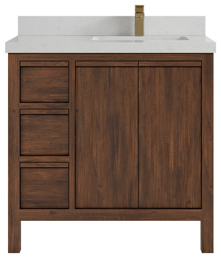 Elizabeth 36 Right Offset Bath Vanity in Dark Walnut Teak 2" Carrara Quartz