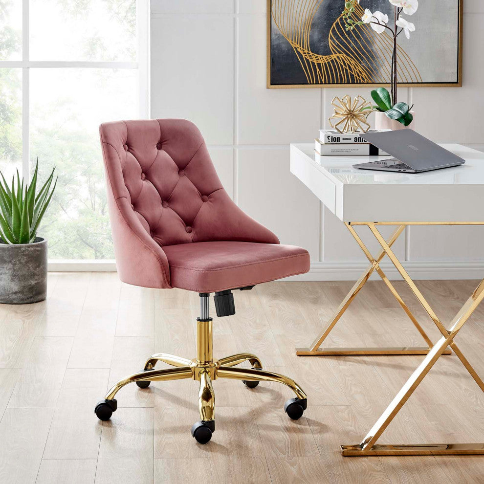 Computer Work Desk Swivel Tufted Chair, Velvet, Gold Pink, Home Business Office