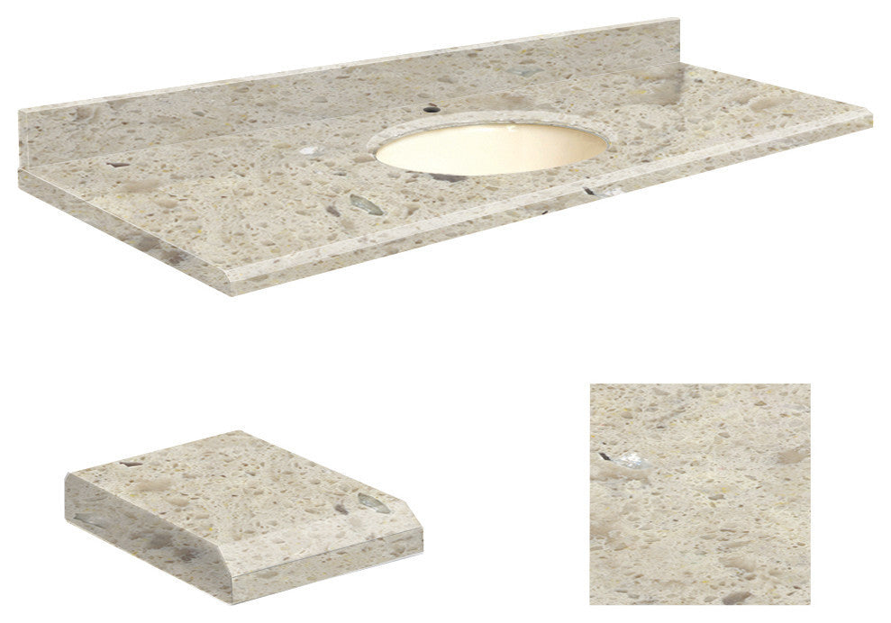 Quartz 61"x22" Vanity Top, Single Faucet Hole, Carmel, Biscuit Bowl