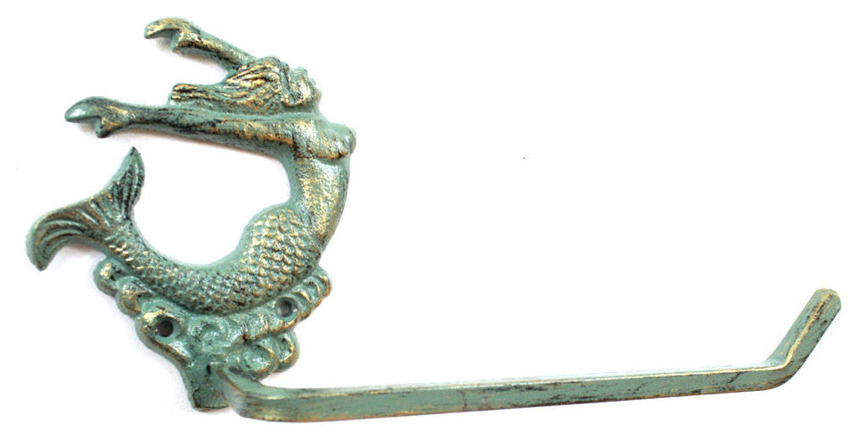 Antique Seaworn Bronze Cast Iron Decorative Arching Mermaid Toilet Paper Holder