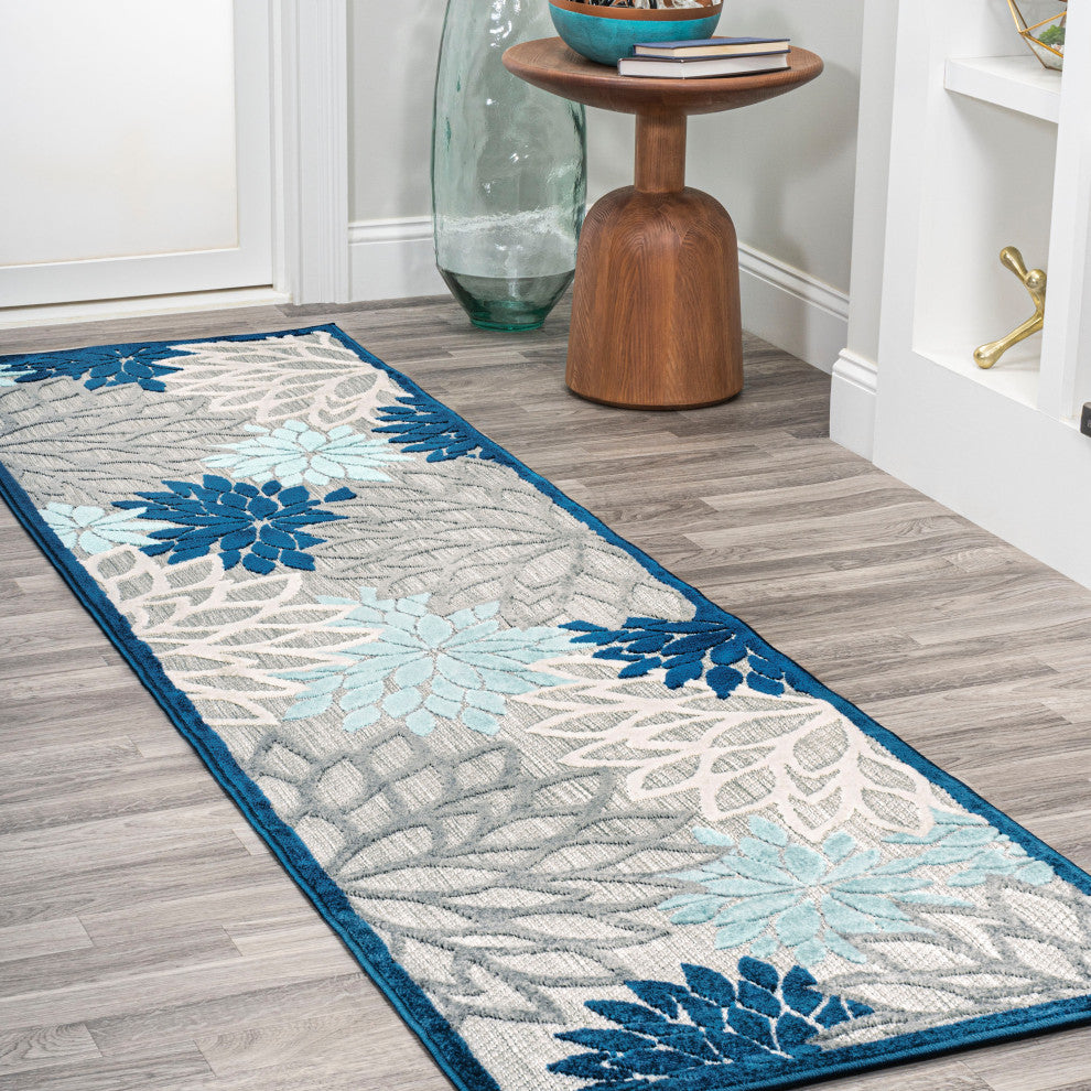 Minori Floral Indoor/Outdoor Area Rug, Blue/Gray, 2 X 8