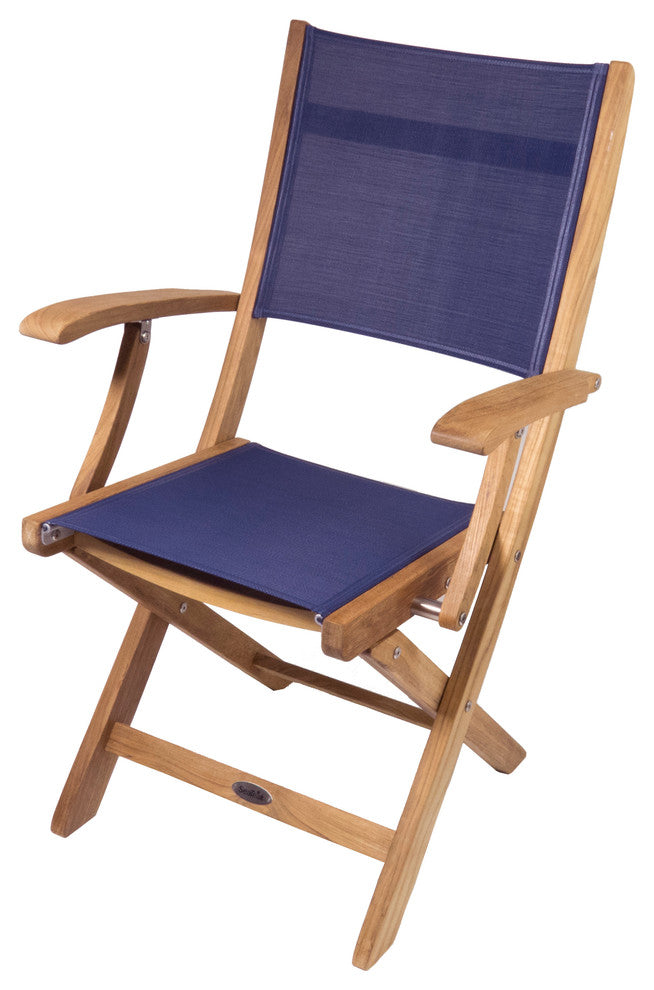 Teak Bimini Folding Deck Armchair With Blue Textilene Fabric