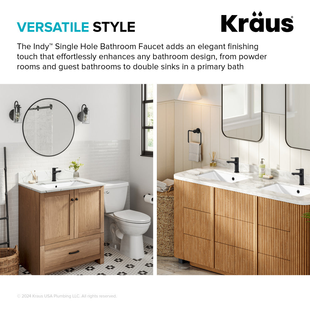 KRAUS Indy Single Handle Basin Bathroom Faucet Matte Black, Pop Up Drain