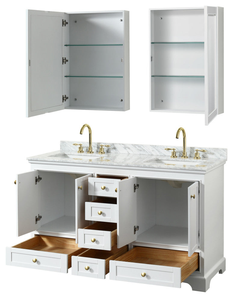 60"DBL Bath Vanity White, Carrara Countertop, Sinks, Gold Trim, Med.Cabinets