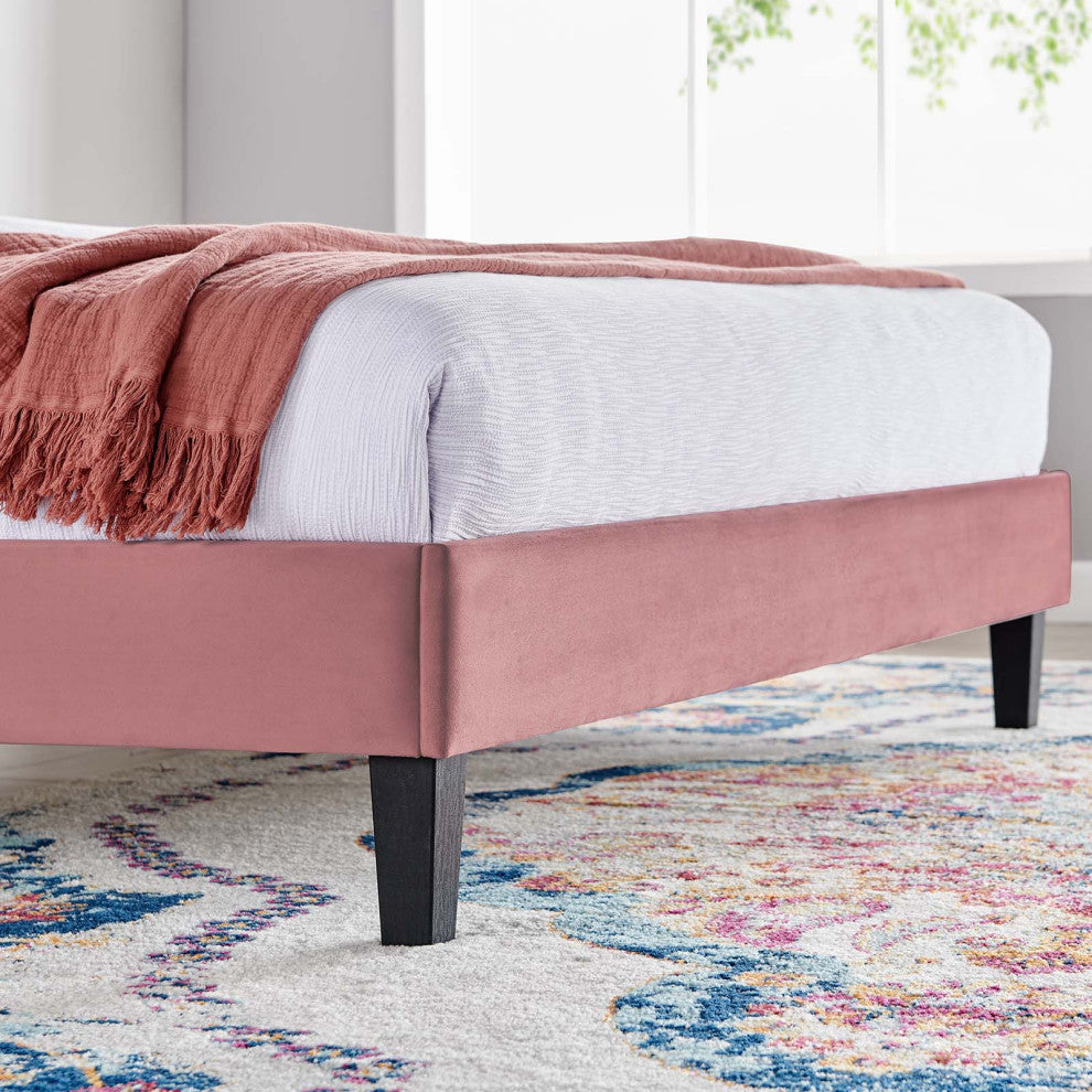 Platform Bed Frame, Queen Size, Pink, Velvet, Modern, Bedroom Guest Suite