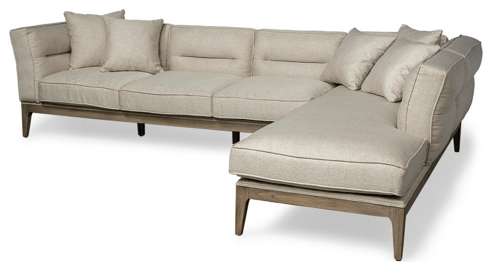 Denali III Beige Fabric, Solid Wood Frame Sectional Sofa, Cream/Brown, Right