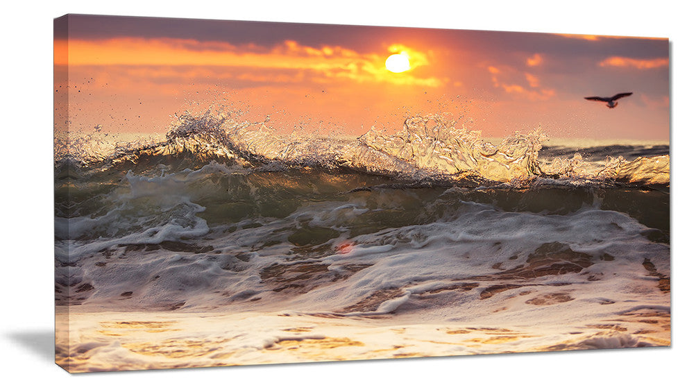 "Sunrise And Roaring Ocean Waves" Seashore Canvas Wall Art, 40"x20"
