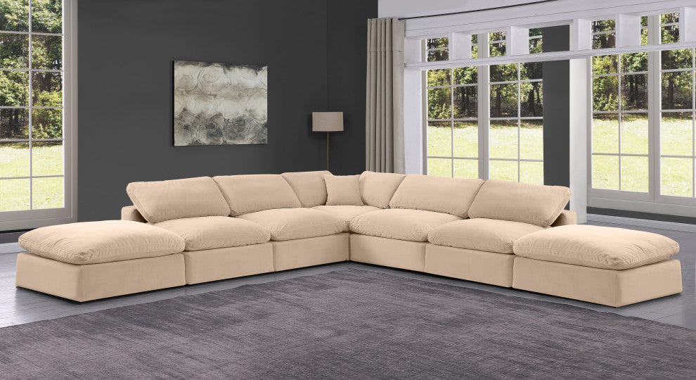 Comfy Upholstered L-Shaped Modular Sectional, Beige, 7-Piece: 4 Armless Chair, 1 Corner Chair, 2 Ottoman, Velvet