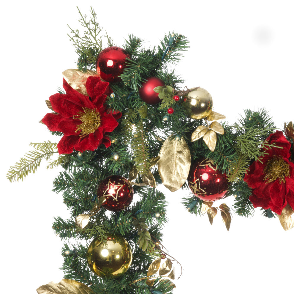 9' Artificial Christmas Garland with Lights, Golden Leaf Red Magnolia