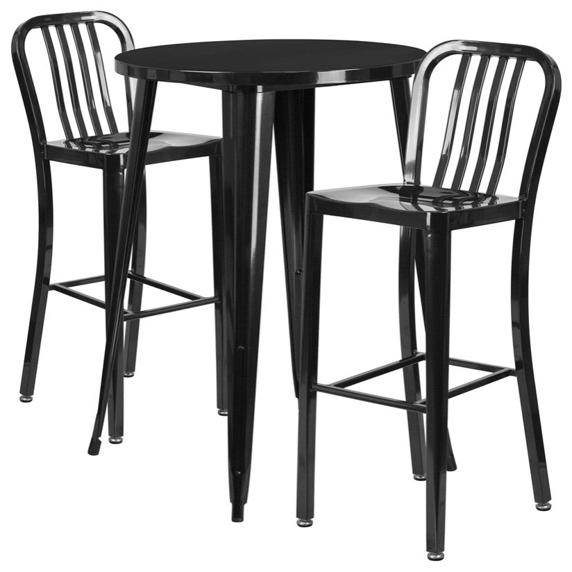 30'' Round Black Metal Indoor-Outdoor Bar Table, 2 Vertical Slat Back Barstools
