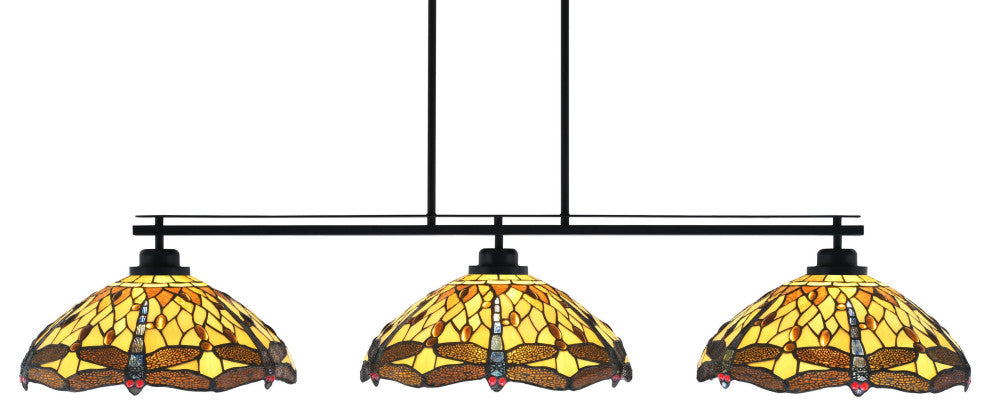Odyssey 3-Light Island Light With Round Fitter, 16" Amber Dragonfly Art Glass