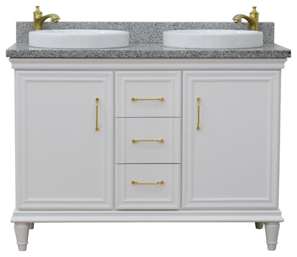 49" Double Vanity, White Finish With Gray Granite And Round Sink