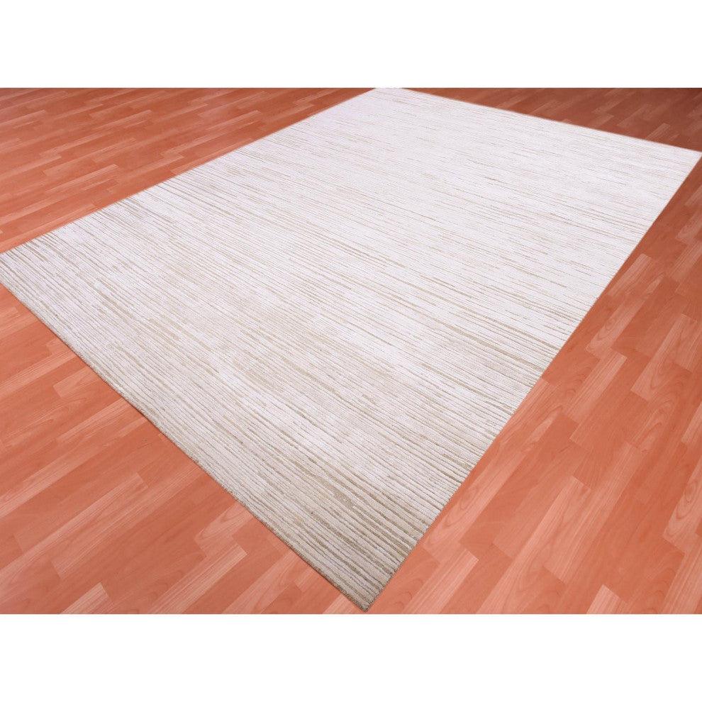 Ivory, Gabbeh Design, Silk with Textured Wool Hand Knotted Rug, 9'1" x 12'0"