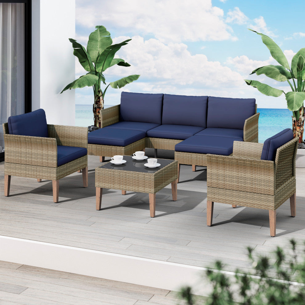 Isla 6-Piece Outdoor Conversation Set With Sofa, Club Chairs, Cobalt Blue